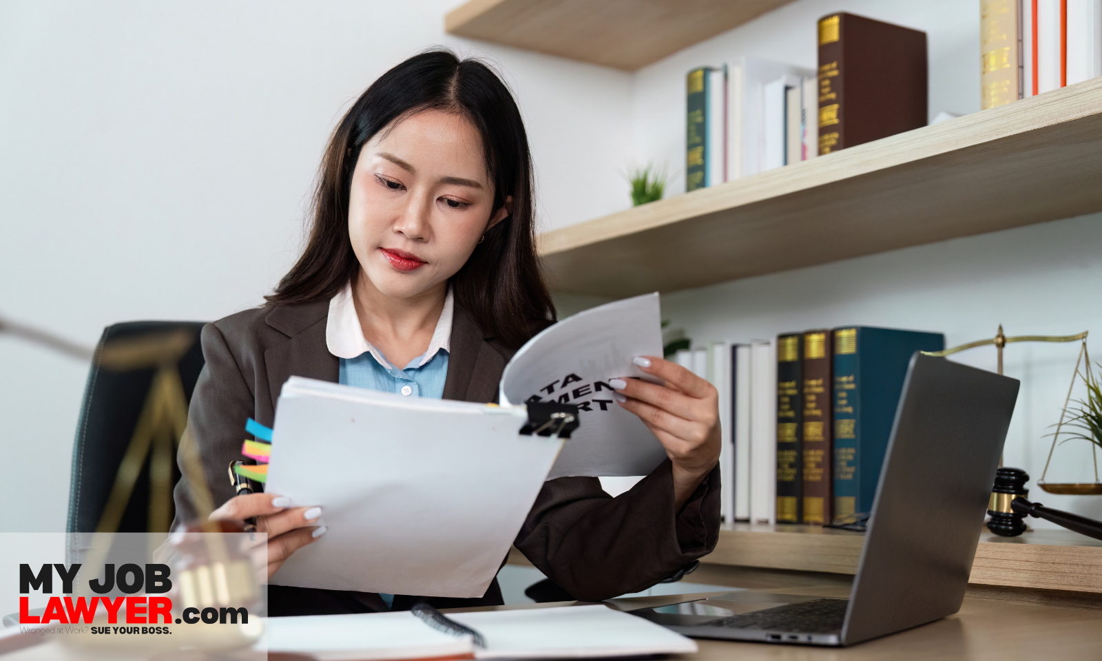 Employment attorney reviewing documents to determine the average settlement for retaliation lawsuit.