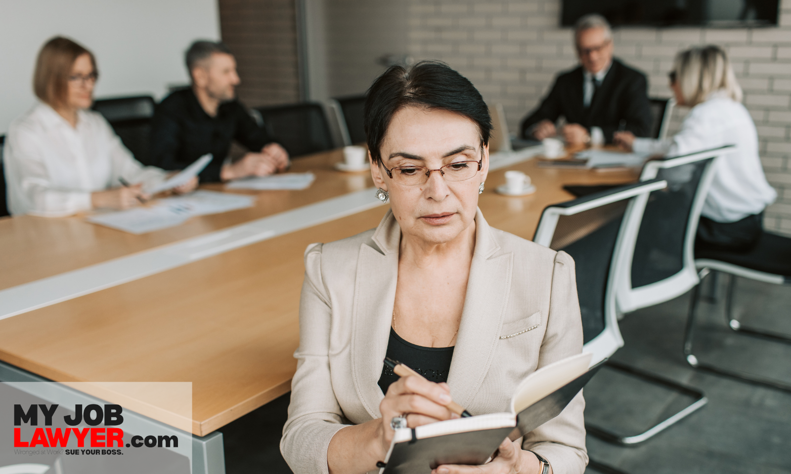 Older employee looking uncomfortable while coworkers laugh in the office, showing age-related remarks as age discrimination at work examples.